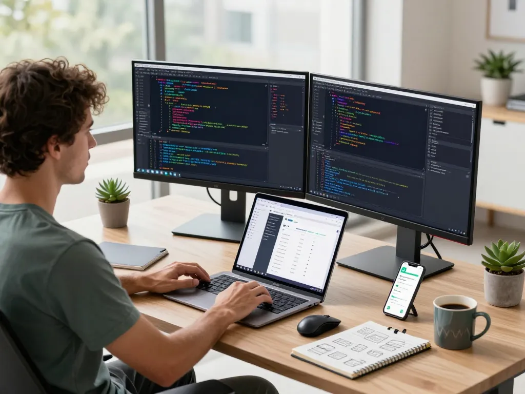 Developer using clawbot in a modern workspace with dual monitors and vibrant code.