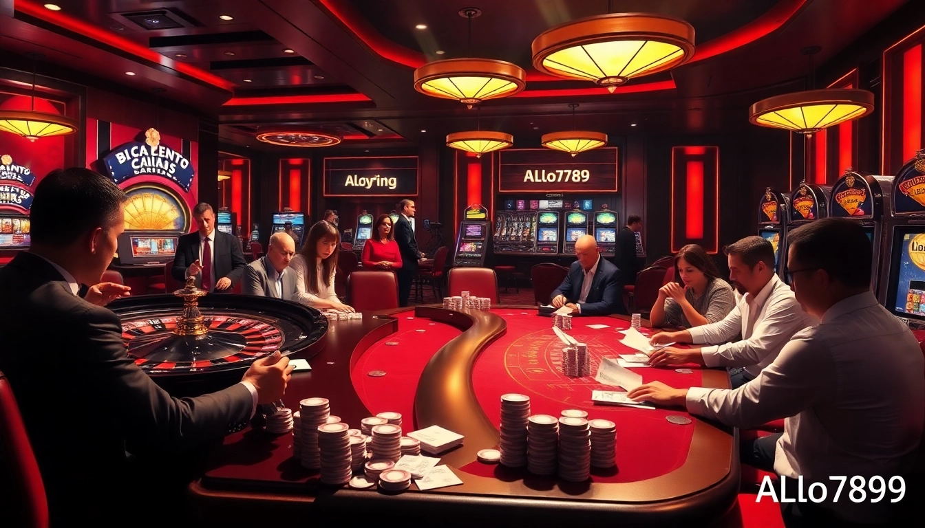 Experience the excitement of gambling at ALo789 with vibrant casino scenes featuring poker tables and roulette wheels.