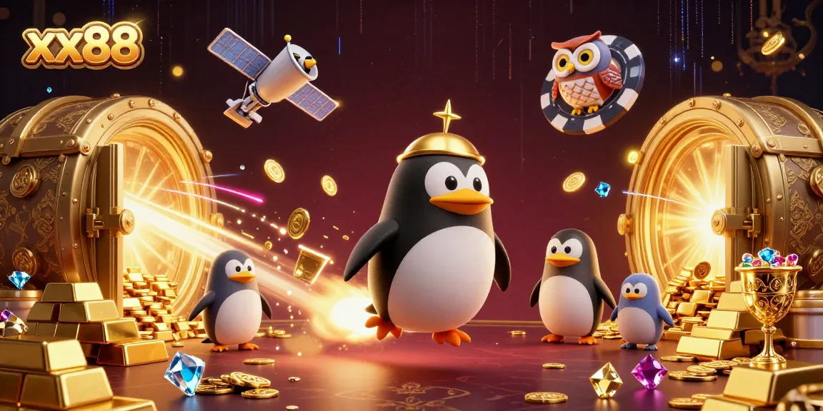 Experience the thrill of xx88 with a penguin rocket blasting towards a casino space station amidst gleaming treasures.