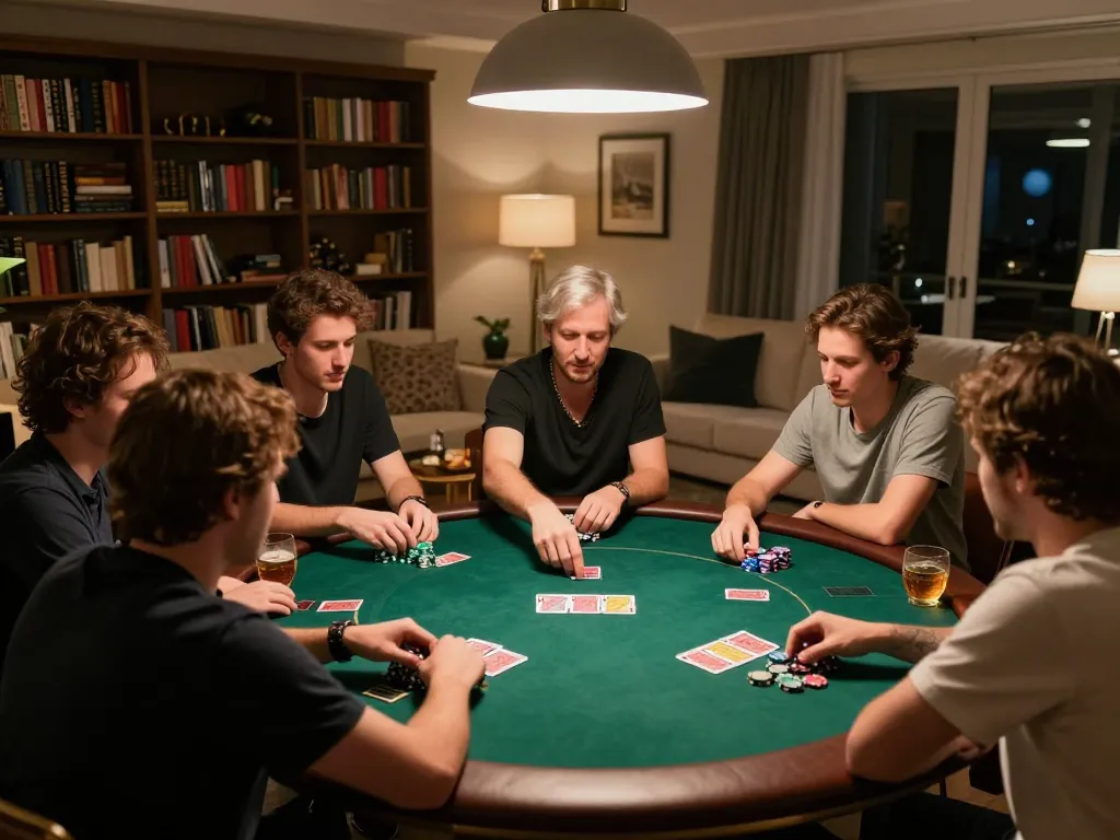E2bet players enjoying a strategic poker game in a cozy, stylish setting with focused atmosphere