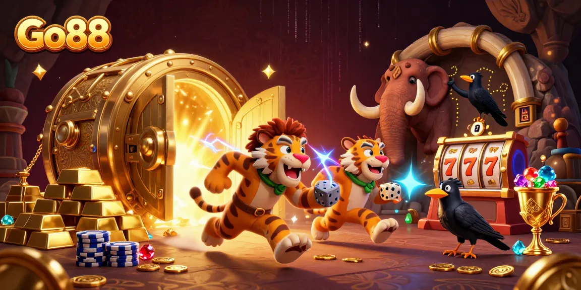 Go88 casino adventure featuring a caveman, saber-tooth duo, and treasure in dynamic scene.