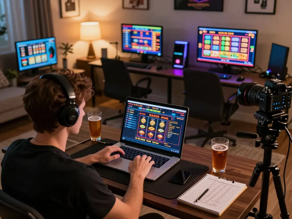 Player engaging in MAX88 online casino games on laptop with vibrant slot visuals in cozy home setup.