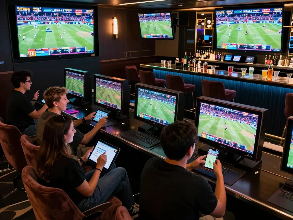 Net88 bettors actively placing wagers in a high-energy sports betting lounge, showcasing excitement and technology integration