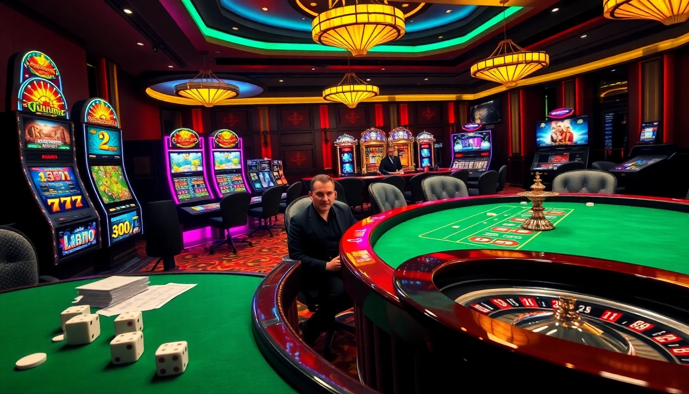 Excited players enjoying a high-stakes game at https://hitclub9.vip/ casino with vibrant slot machines and poker tables.