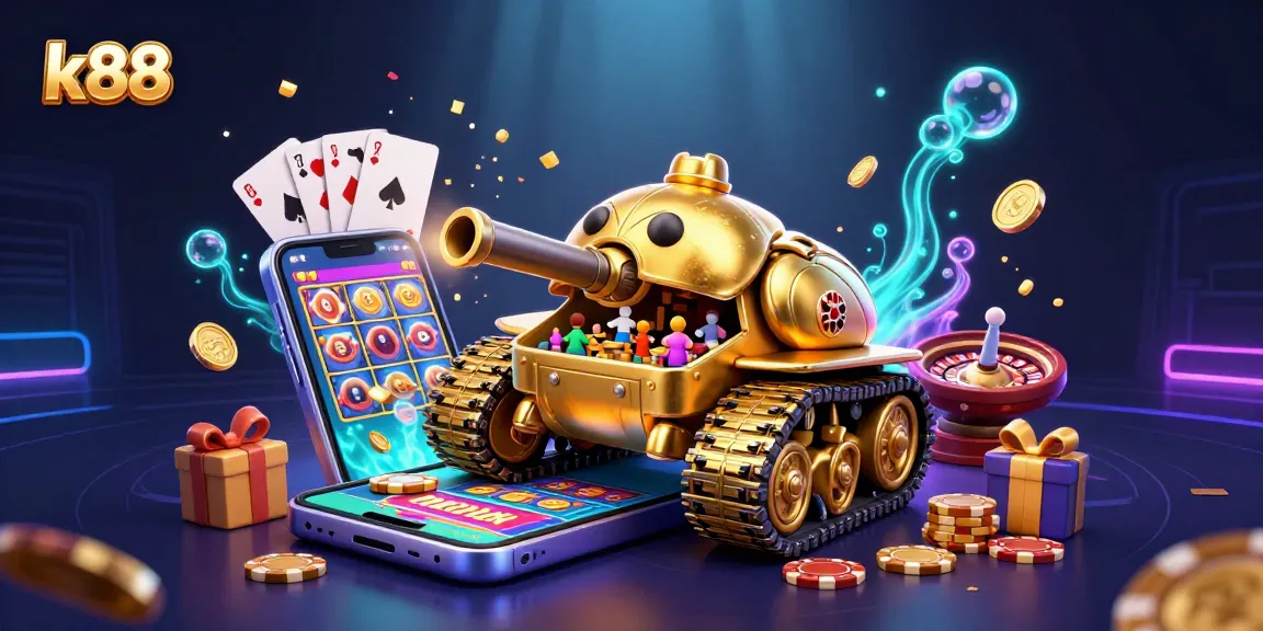 Experience k88's casino magic with a vibrant 3D carousel of games and golden fortune elements.