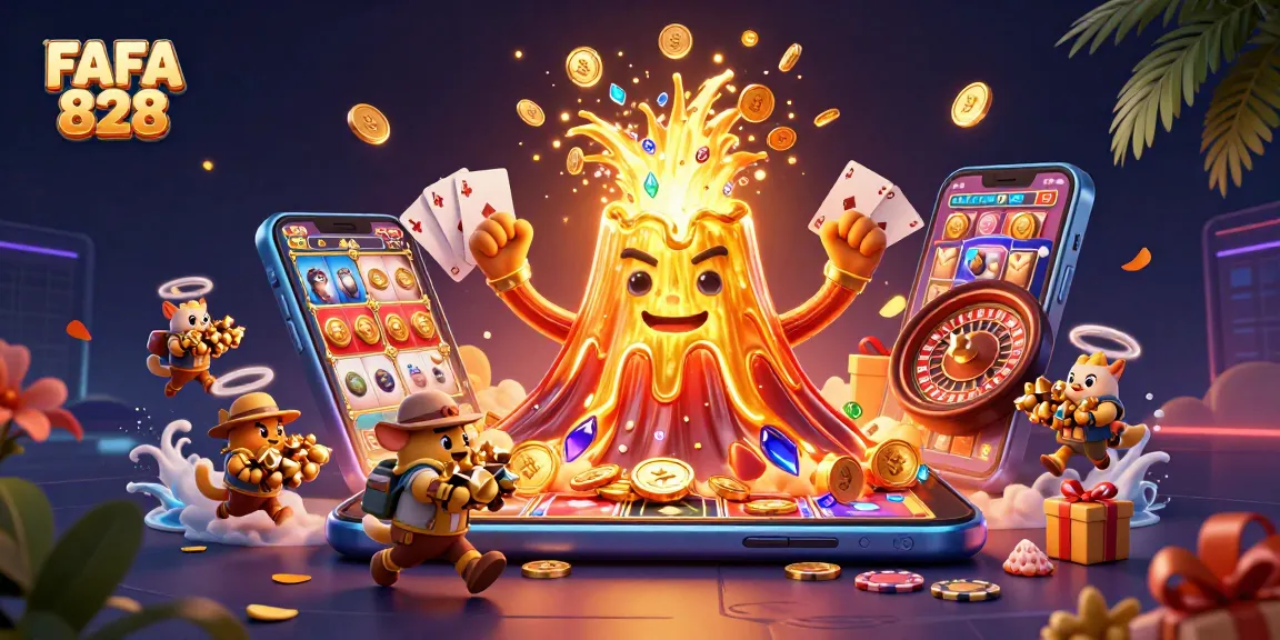 Engage with FAFA 828 as a golden volcano erupts treasures in this vibrant casino scene.