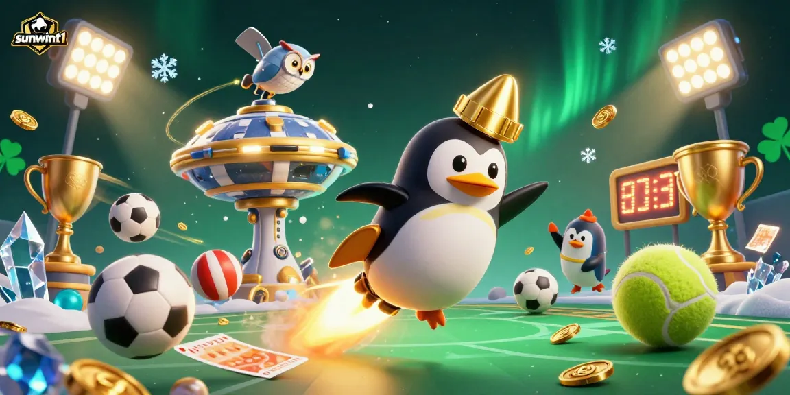 Engage in the thrilling experience of sunwint1 as a golden penguin speeds to a casino station among flying sports elements.