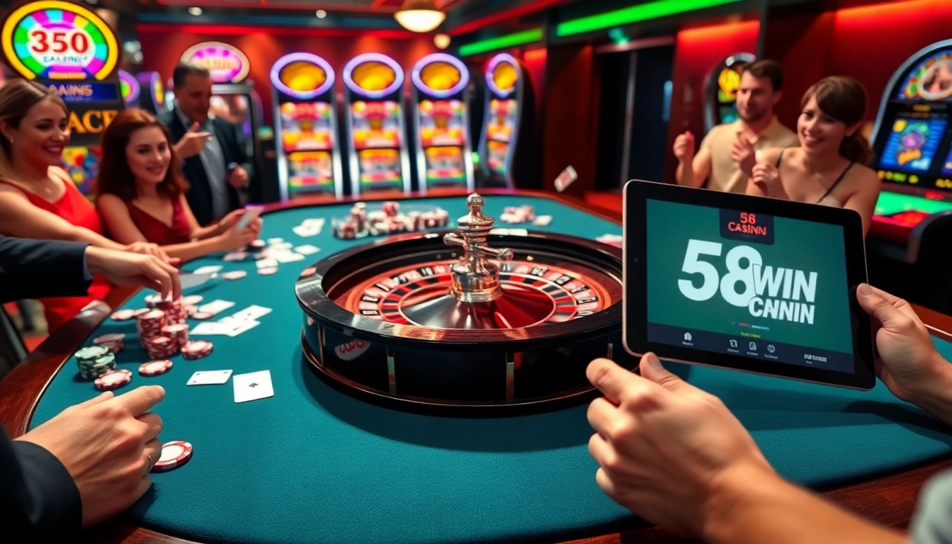 Players enjoying high-stakes games at 58WIN casino, surrounded by vibrant slot machines and poker tables.