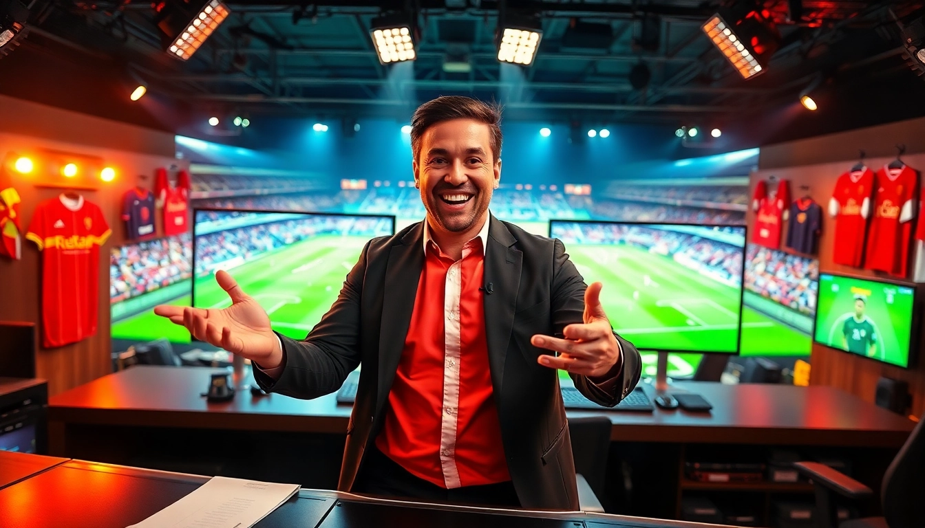 Exciting live sports commentary with OKWIN TV's commentator in a vibrant studio.