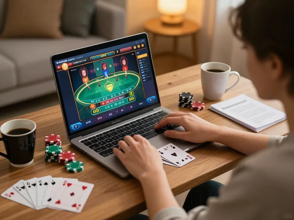 Engaging in responsible online gambling with vin88 at a cozy home setup, featuring cards and chips on the table