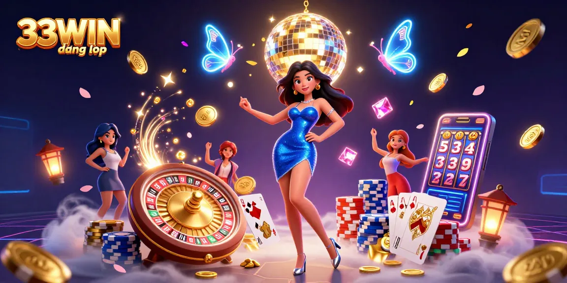 Experience the thrill of 33WIN đăng nhập with a stunning 3D illustration of vibrant casino elements.