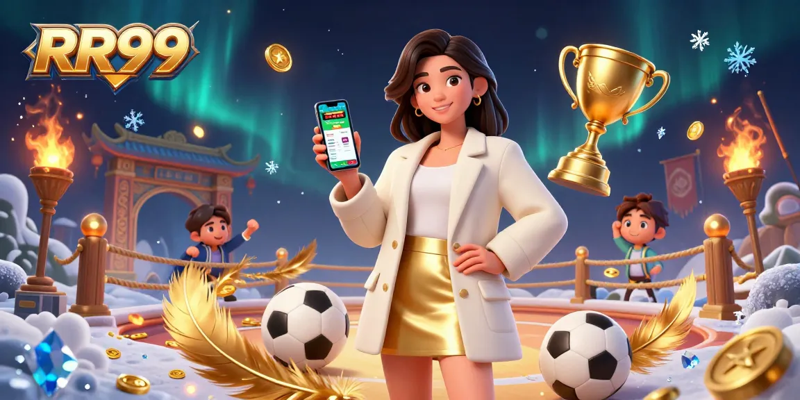 Bet on RR99 with a friendly Asian woman showcasing a sports betting app, surrounded by gaming elements.