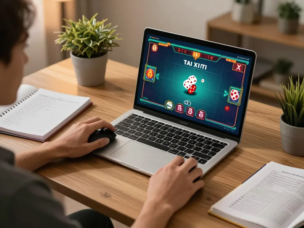 Tai Xiu online gameplay in a cozy home office setup, showcasing strategy and excitement during an online session.