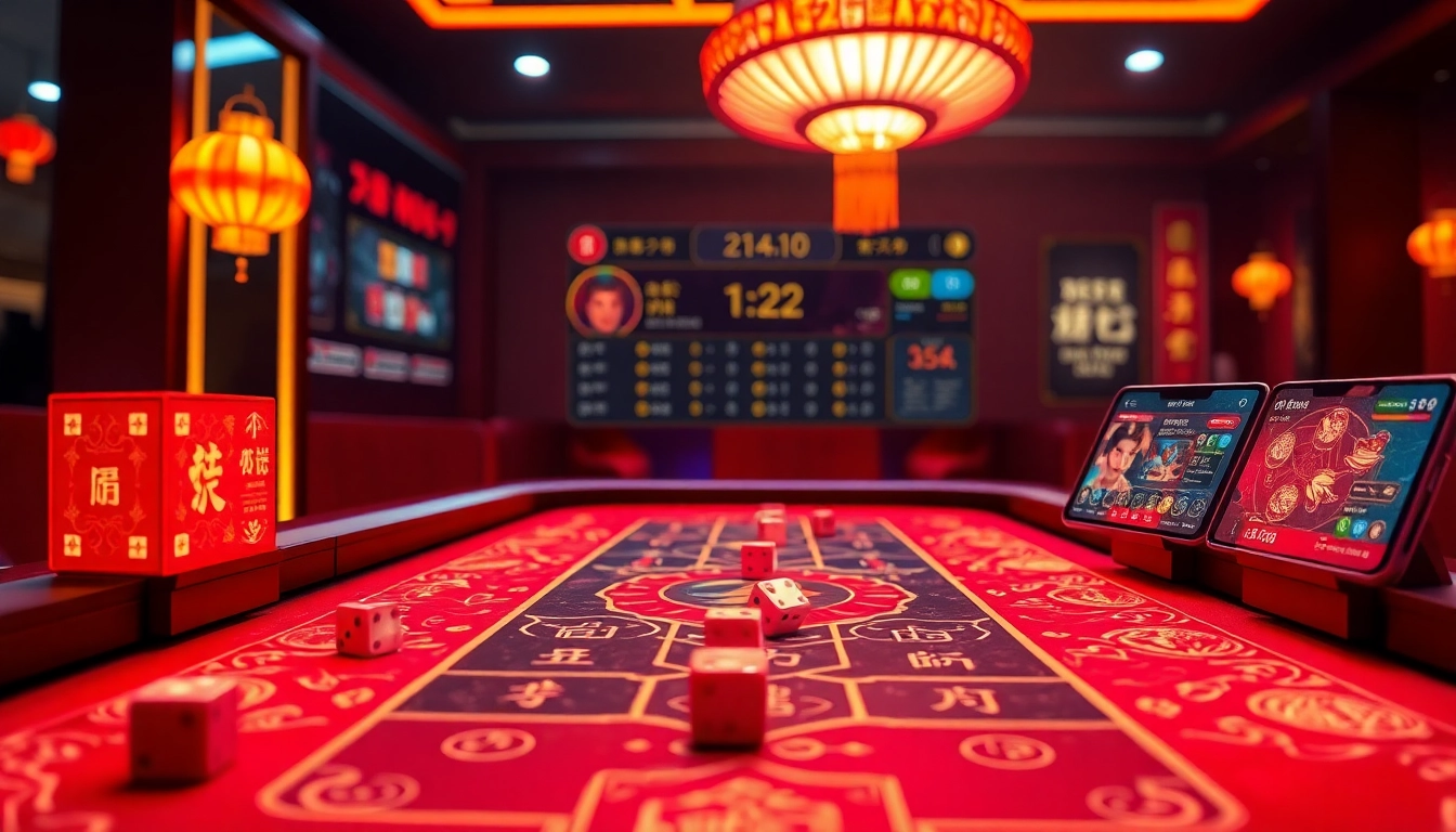 Tài xỉu online uy tín gaming interface showcasing dice and player stats in a vibrant setting.
