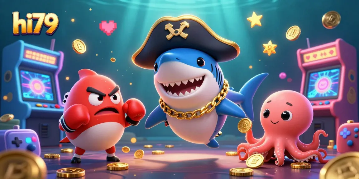 Experience the thrilling gameplay of hi79 with a vibrant underwater casino theme featuring animated characters and gold coins.