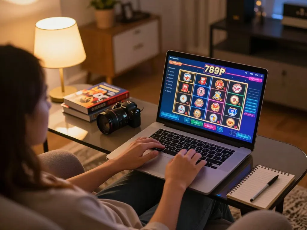 Engaging in online gaming on 789P platform, showcasing responsible gambling setup with cozy home environment