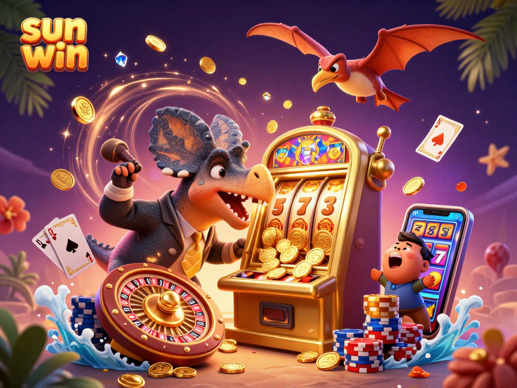 Experience a thrilling jackpot with sun win in this rich 3D casino scene featuring dinosaurs!