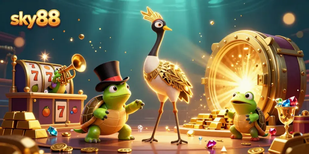 Experience the thrill of sky88 slots as vibrant characters celebrate winnings with dazzling jewels and gold.