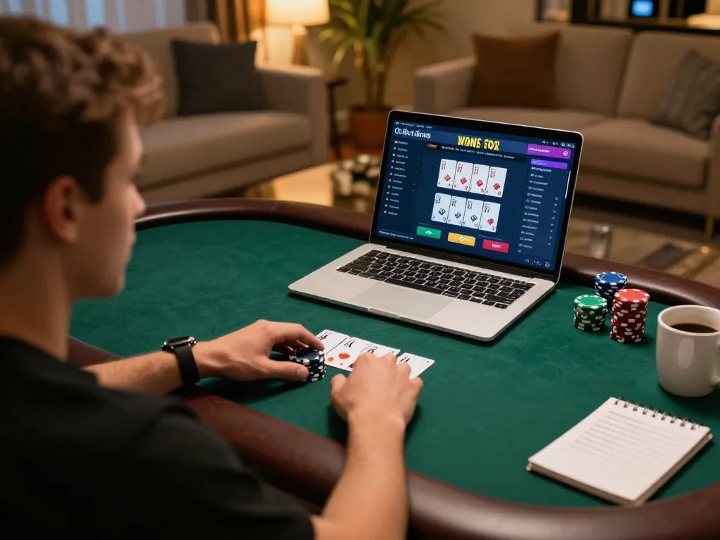 Player engaged in online poker game with du88 interface, strategy notes and warm lighting