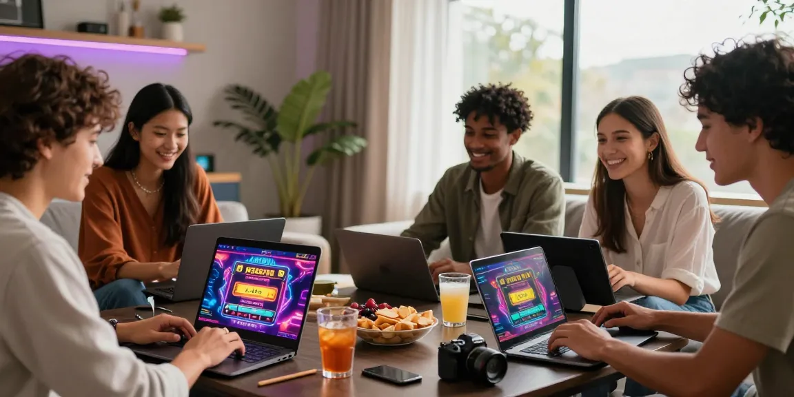 Friends enjoying gaming on new UK casino sites in a stylish home setting with vibrant decor.