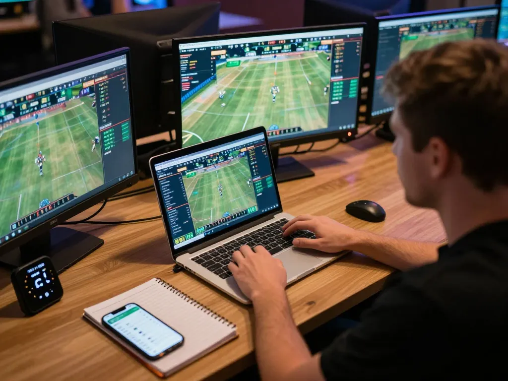 rik88 user analyzing sports betting odds on laptop in a stylish home office