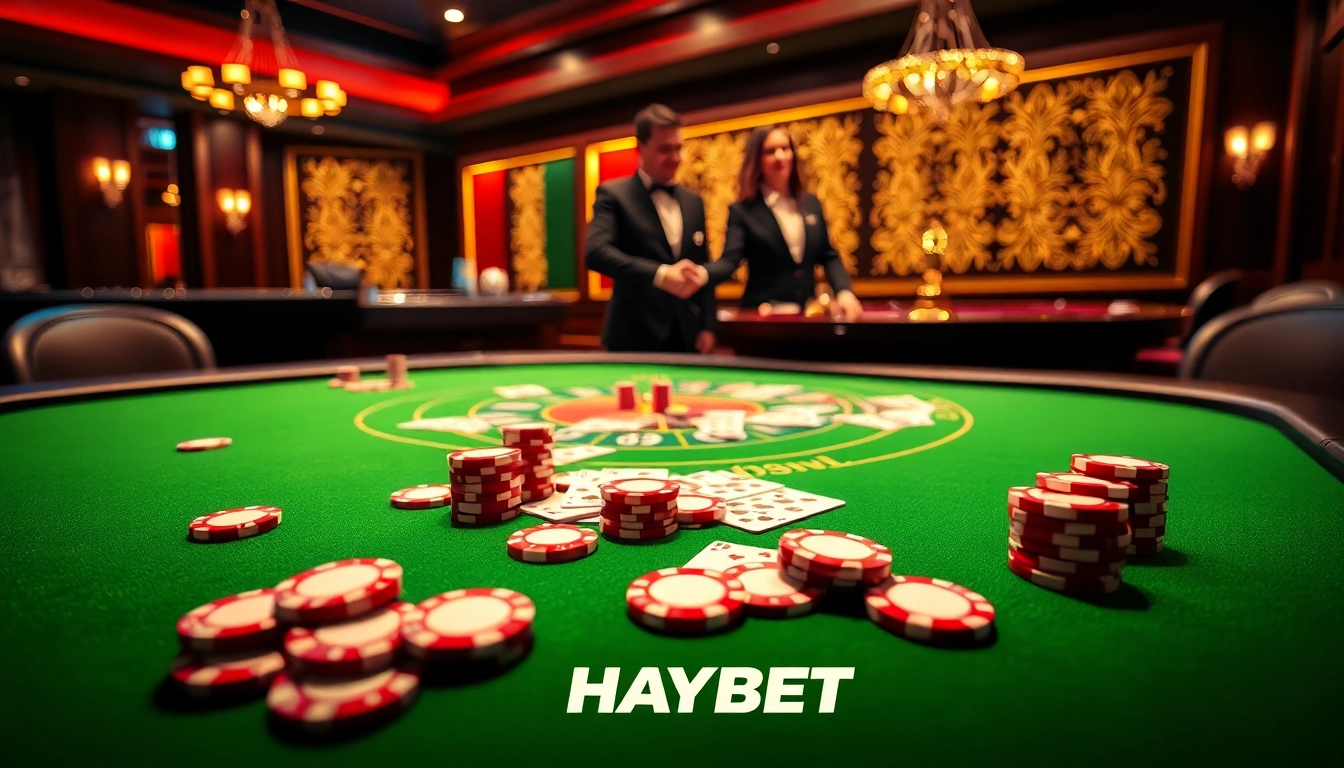 Experience thrilling gameplay at HAYBET with a luxurious casino atmosphere featuring vibrant poker chips and cards.