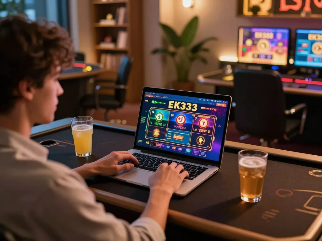 Player enjoying the EK333pro online casino experience on a laptop with engaging graphics.