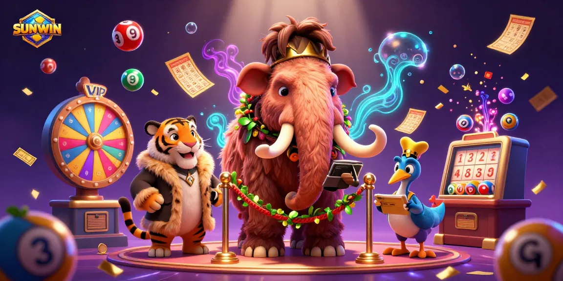 SUNWIN offers thrilling lottery games with colorful balls and engaging characters at the casino entrance.