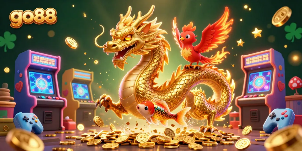 Experience the thrill of go88 with a golden dragon, phoenix, and koi fish amidst vibrant casino elements.