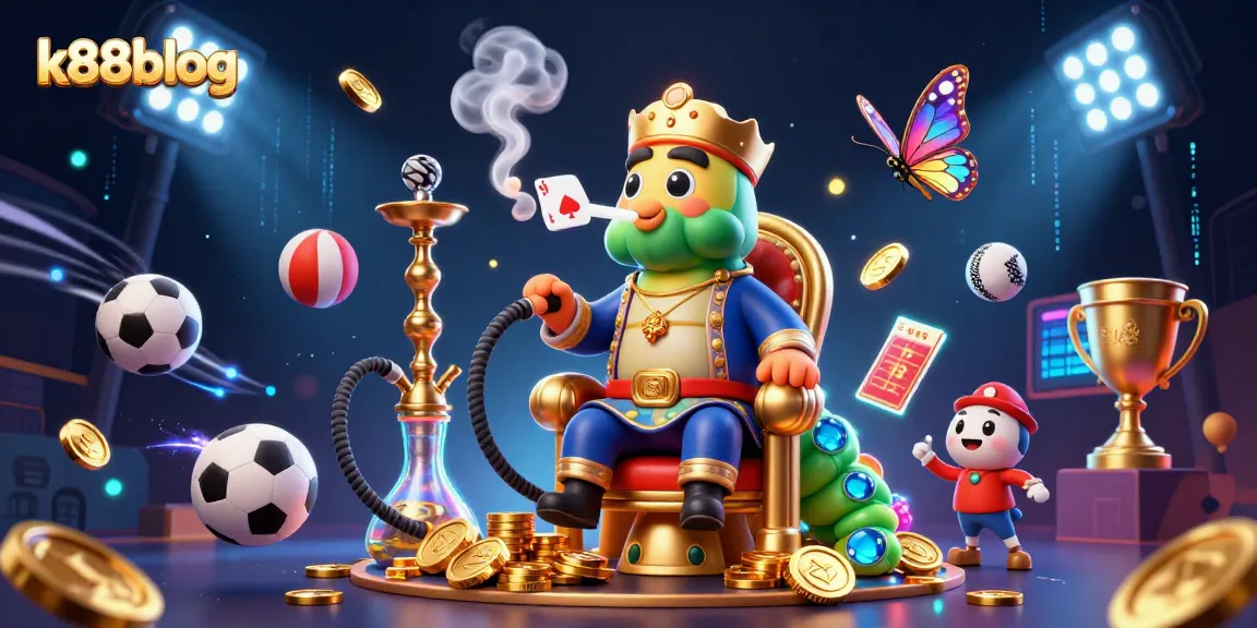 Engage with k88blog's thrilling gambling atmosphere featuring sports and poker elements in a vibrant scene.