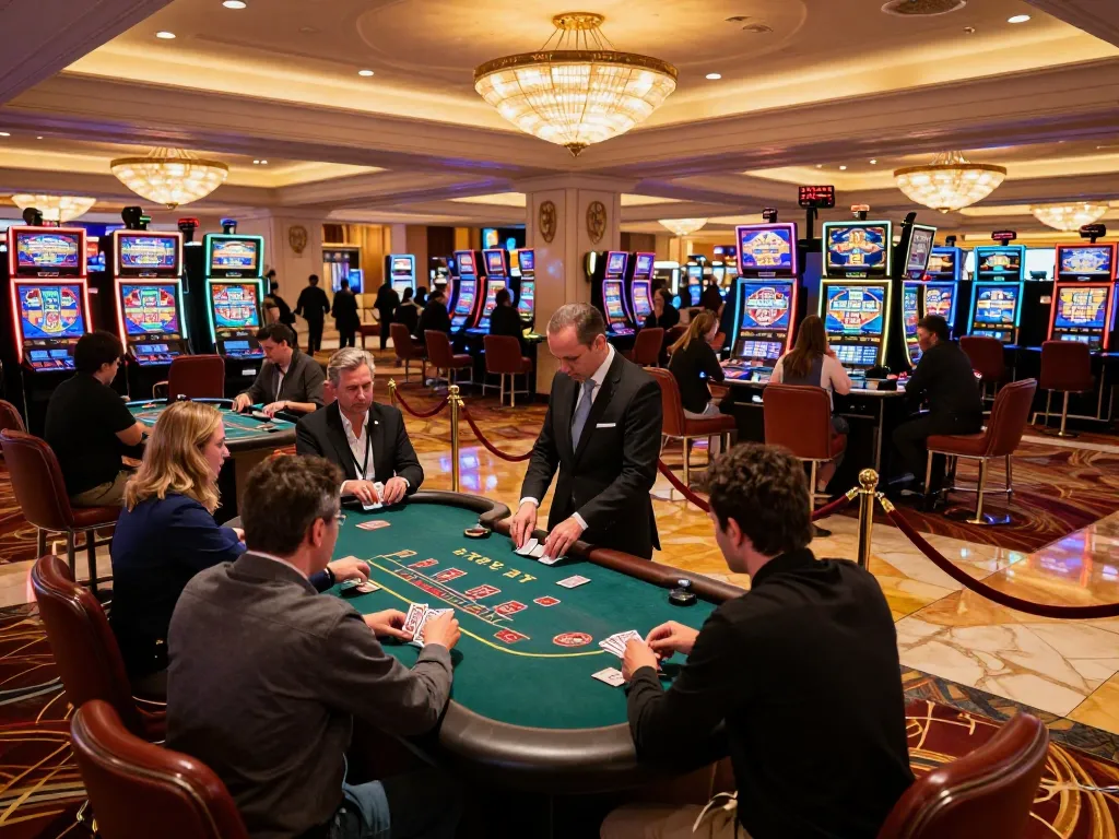 Players enjoying intense gameplay at the SC88 blackjack table in an upscale casino, showcasing strategic card handling and vibrant atmosphere