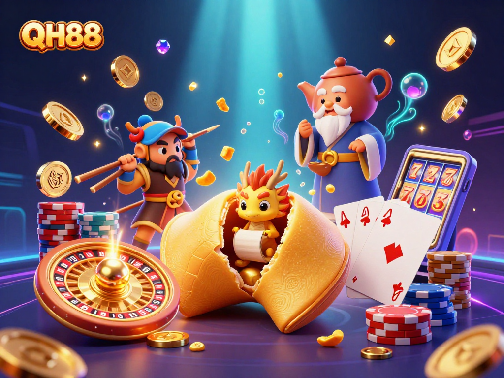 Experience the excitement of QH88 with a vibrant digital casino illustration featuring classic gaming elements.