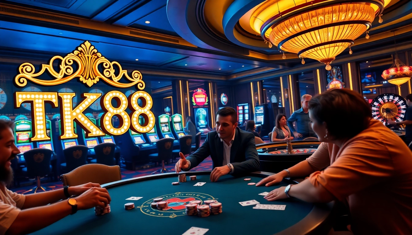Players enjoying a thrilling game at TK88 Casino with colorful poker chips and vibrant slot machines.