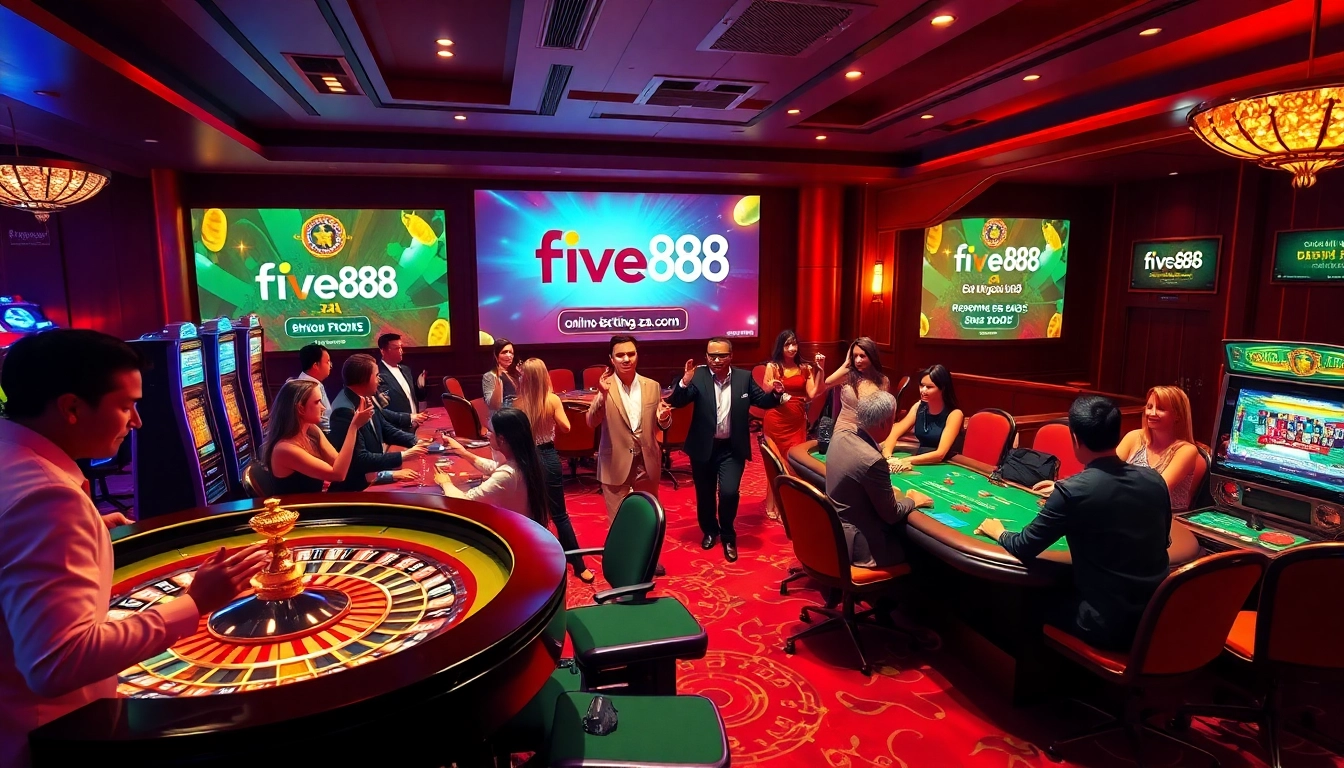 Experience the thrill of betting at https://five88.za.com/ with a vibrant casino scene featuring roulette and poker.