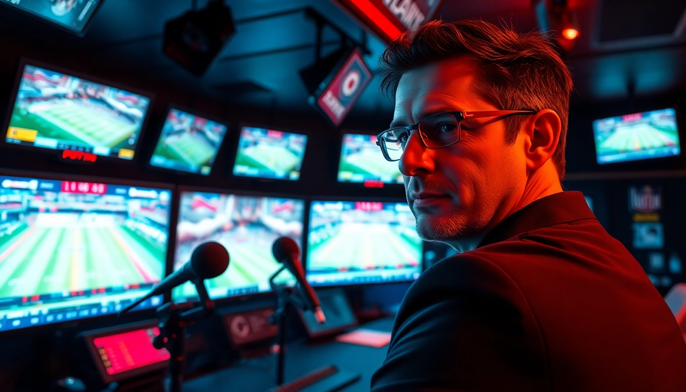Engaging sports broadcasting scene showcasing a professional broadcaster in a vibrant studio.