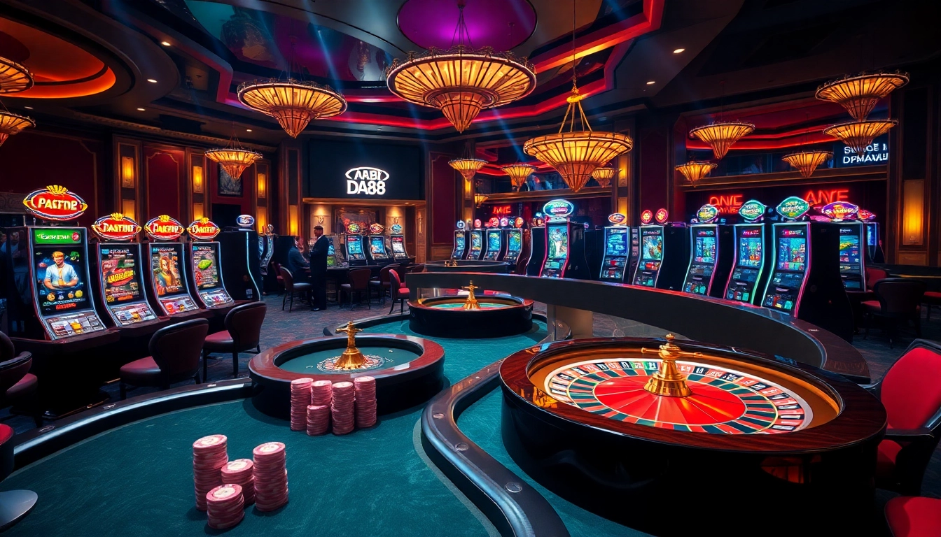 DA88 players enjoying a thrilling game at a vibrant casino table surrounded by colorful slot machines.